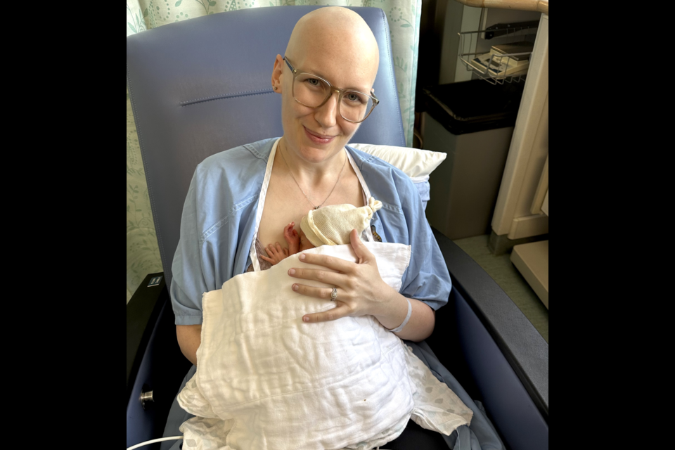 Brooke Kajdy after delivering her son at 32 weeks due to being diagnosed with stage four diffuse large B-cell lymphoma (DLBCL). 