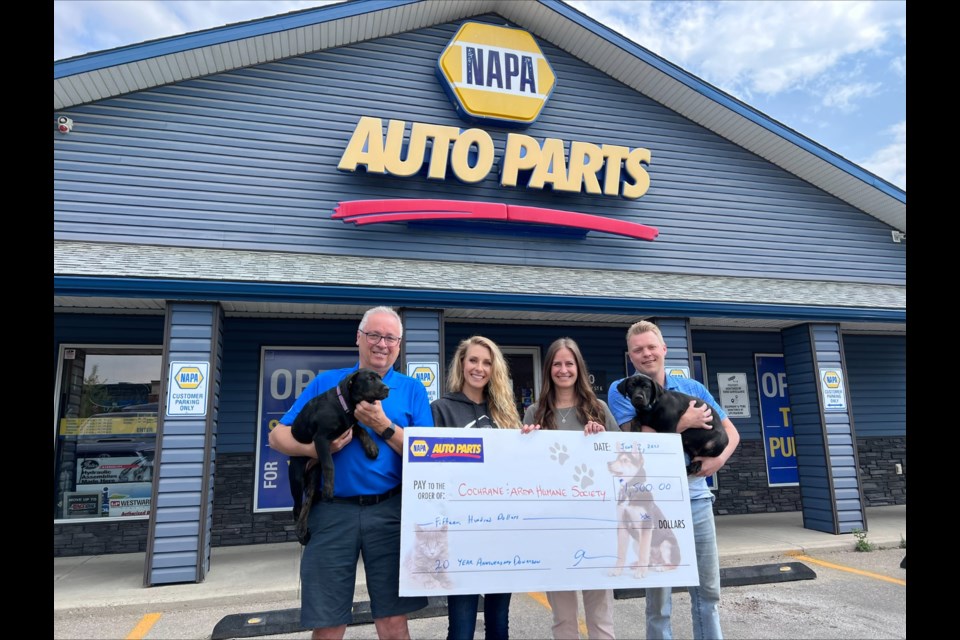 Cochrane's Napa Auto Parts location recently presented a $1,500 donation to the Cochrane and Area Humane Society after their 20-year anniversary celebration in early June.