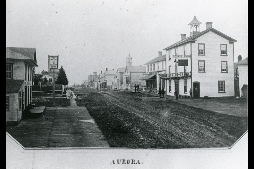 The oldest known photo of the downtown Aurora area along Yonge Street dates to between 1867 and 1873. By this point, Aurora was firmly established as a village, with many businesses along Yonge Street.