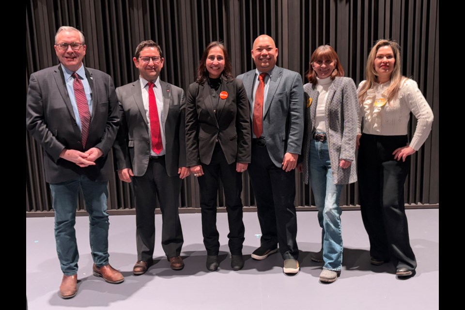 The candidates at Wednesday's information session: Chris Ballard, Liberal candidate for Newmarket-Aurora, Jason Cherniak, Liberal for Aurora-Oak Ridges-Richmond Hill, Naila Saeed, NDP for Aurora—Oak Ridges—Richmond Hill, Denis Heng, NDP for Newmarket-Aurora, Rosaria Wiseman, New Blue for Aurora—Oak Ridges—Richmond Hill and Shirin Khasbakhi, the New Blue candidate for Newmarket—Aurora.