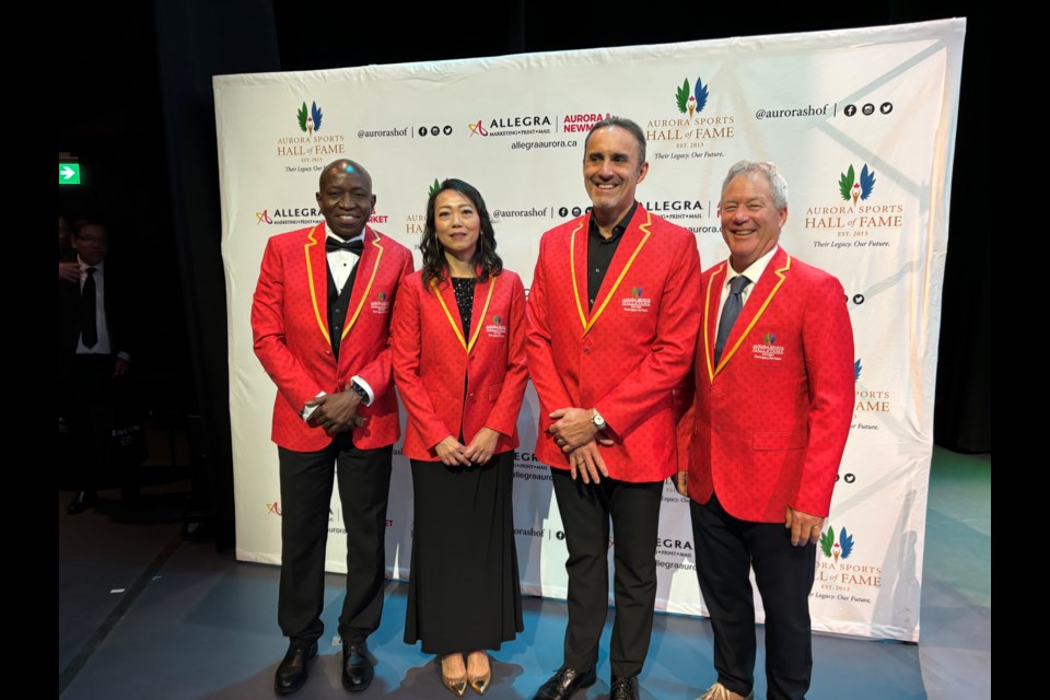 The 2024 Aurora Sports Hall of Fame inductees, Milton Hart, Grace Wong, Marcel Gery and Sandy Townsend.