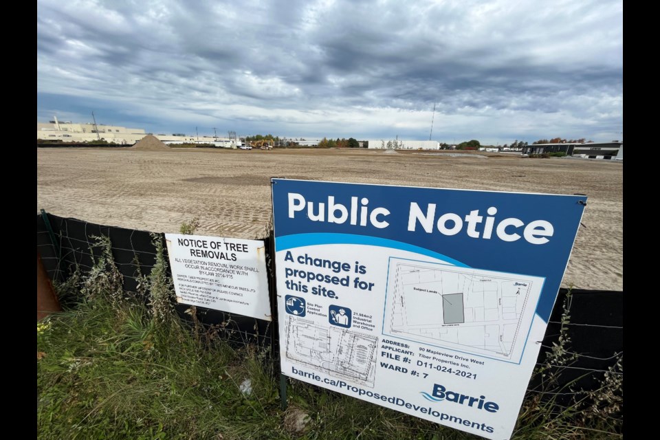 Industrial buildings coming to this Mapleview Drive West property in south-end Barrie. The land is located not far from Veterans Drive. 