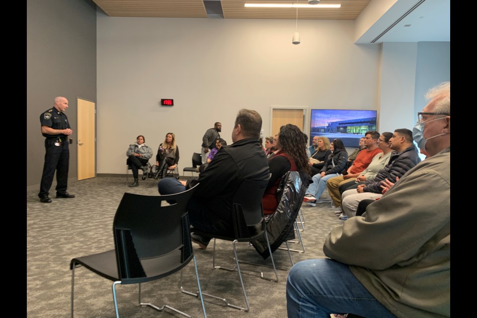 Barrie Police Chief Rich Johnston speaks to approximately 50 residents of Ward 10 in the city's south end Tuesday evening about concerns around ongoing violence in the area. 