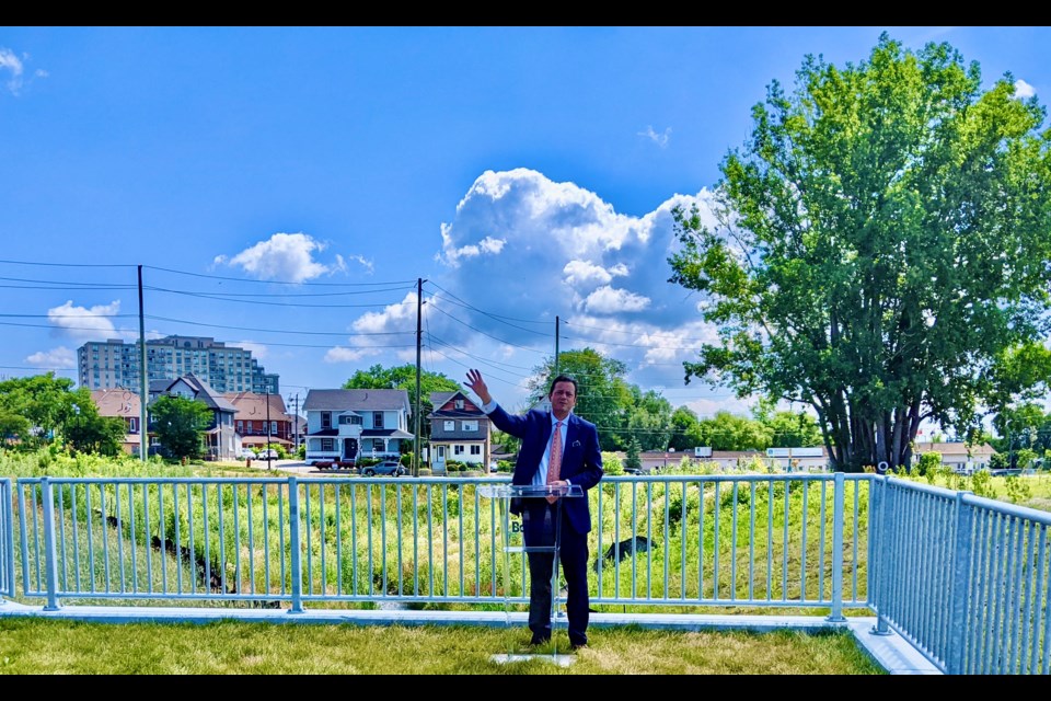 Barrie Mayor Jeff Lehman announces the opening of Kidd's Creek culvert on Thursday morning.