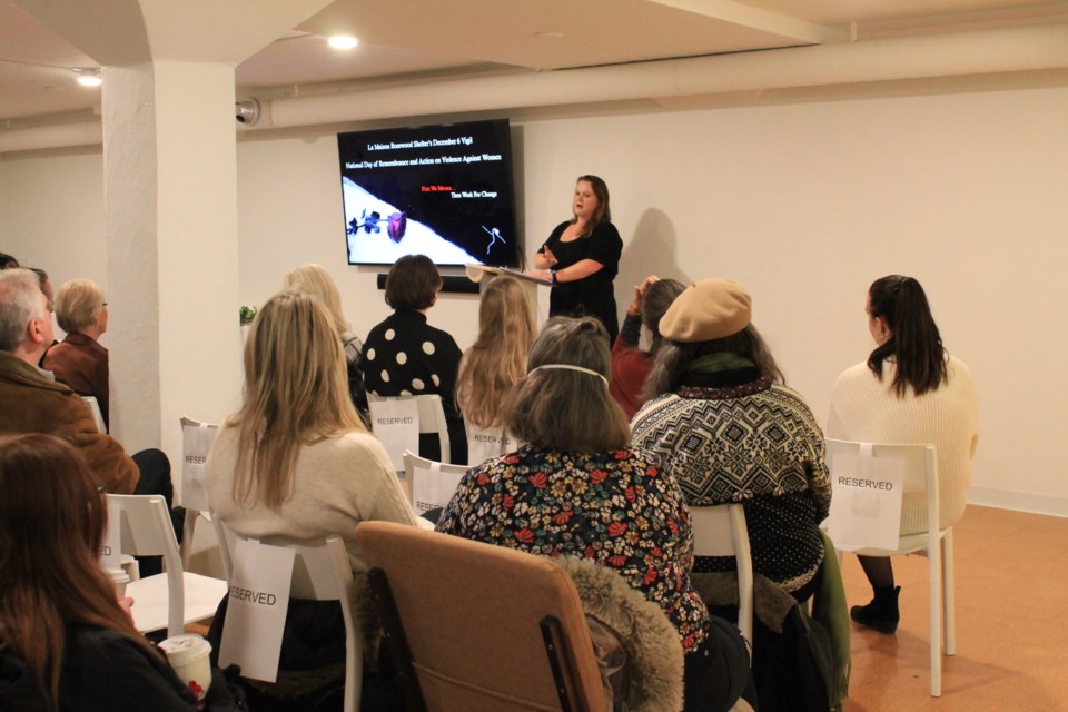 Haily MacDonald, acting executive director with Huronia Transition Homes, speaks to the crowd during the annual National Day of Remembrance and Action on Violence Against Women event on Dec. 6, 2023.