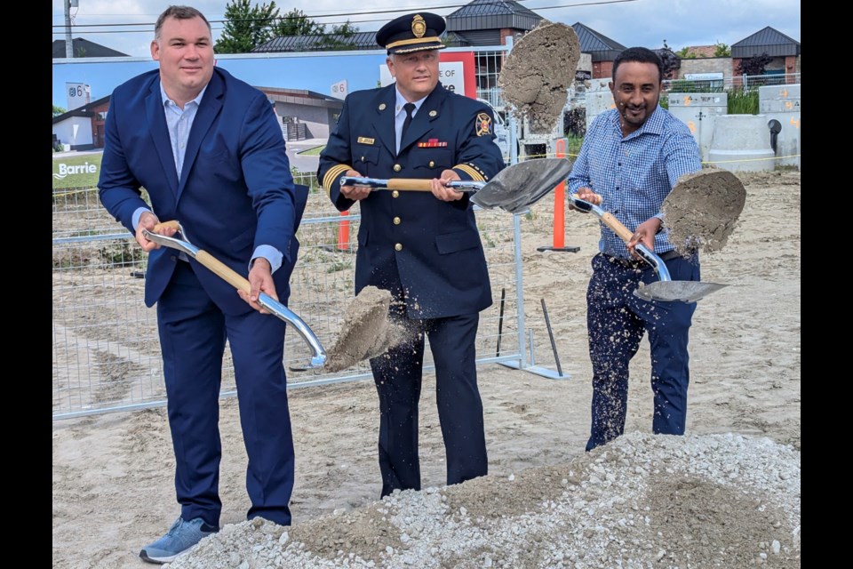 From left to right, Mayor Alex Nuttall, Acting Fire Chief Derek Wilson and Barrie Coun. Nigussie Nigussie break ground on Fire Station 6 Monday.