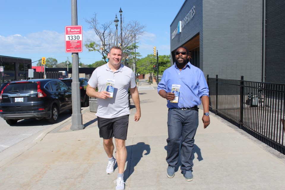 Alex Nuttall (left) officially kicked off his bid for mayor of Barrie with a meet-and-greet event with supporters and volunteers Saturday.