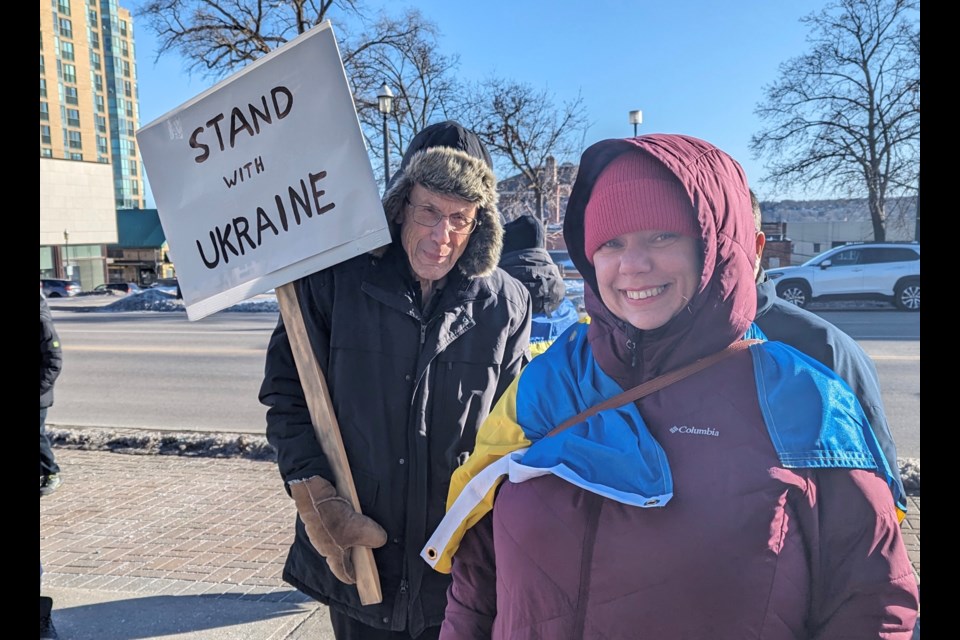 Zenon Patzernuk, left, and Tetiana Piskun, both of Wasaga Beach, are shown at Saturday's Ukraine rally in Barrie.