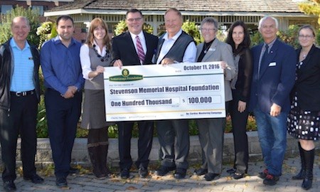 Members of the Nottawasaga Foundation present a cheque to Stevenson Memorial Hospital officials including CEO and President Jody Levac and members of the hospital foundation.
Submitted photo.