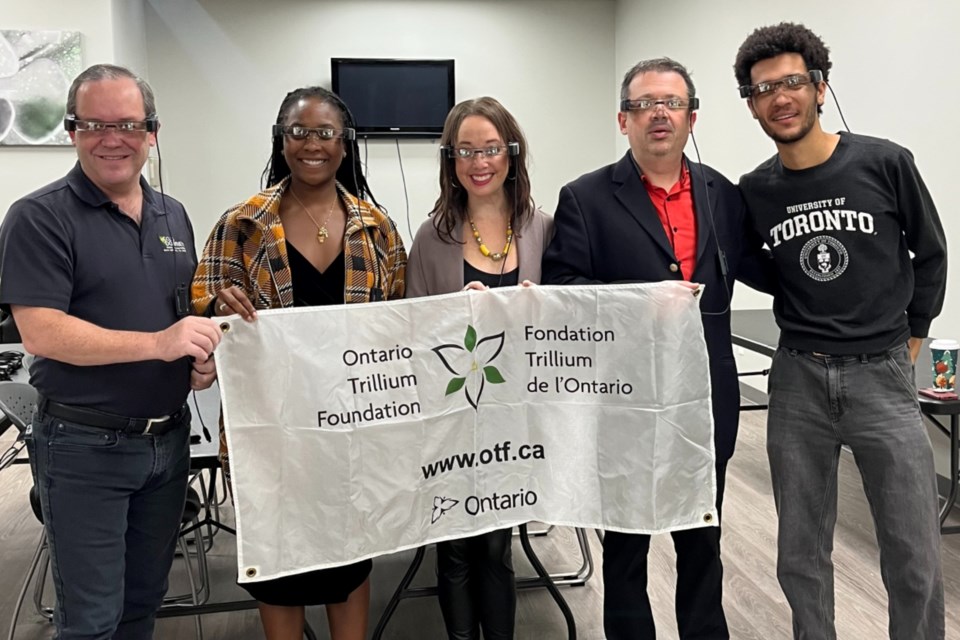 From left, Barrie-Springwater-Oro Medonte MPP Doug Downey, Ontario Trillium Foundation volunteer Shanicka Edwards, ARIA project manager Gabi Epstein, TIFT CEO Arkady Spivak and Matthew MacQuarrie-Cottle. 