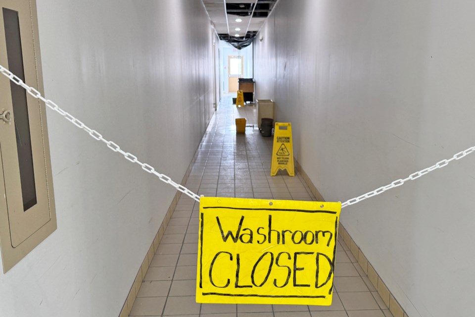 A hallway leading to public washrooms is blocked on Feb. 20, as  chronic flooding and overall disrepair plagues the Kozlov Centre mall in Barrie.