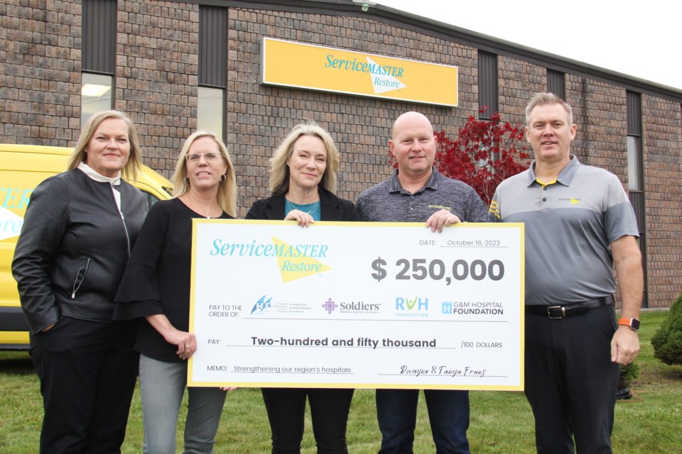 ServiceMaster Restore is committing $250,000 over the next five years to four Simcoe County hospitals. Barrie's RVH is getting $10,000 per year for a total of $50,000. From left, is Pamela Ross, CEO of RVH Foundation, Jennifer Quinn, HR with ServiceMaster, Tanya and Dwayne Frans, ServiceMaster owners and Rob Rennie, director of operations ServiceMaster.