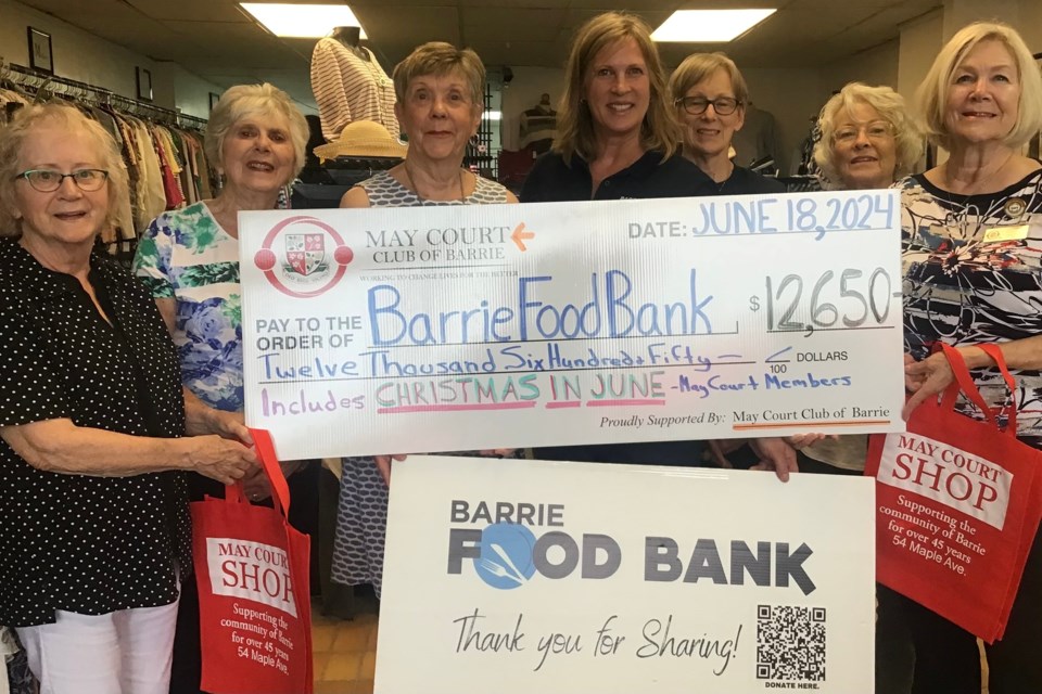 Anne Wilson (left), Lesley Agnew, Bev Jackson, Karen Shuh, manager of fundraising and donor engagement, Barrie Food Bank, Kathryn Henkenhaf, Susan Turner, and Lenore Hamley, president, May Court Club of Barrie.