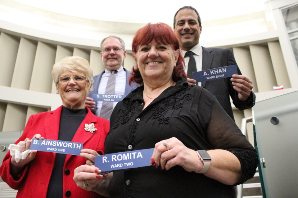 Sitting in on their final Barrie city council meeting Monday night were, clockwise from top left, Stephen Trotter, Arif Khan, Rose Romita and Bonnie Ainsworth. Raymond Bowe/BarrieToday