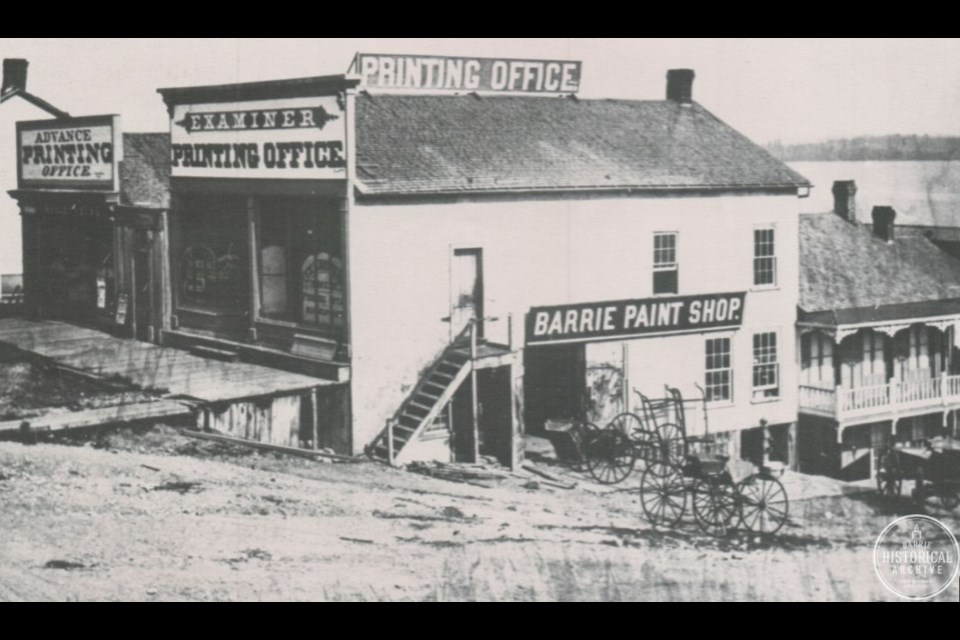 The Barrie Examiner and Northern Advance offices once stood on the southeast corner of Mulcaster and Dunlop streets, shown in 1876.