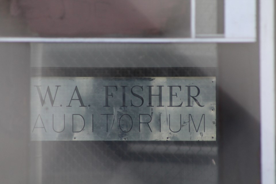 The Fisher auditorium plaque at the former Barrie Central Collegiate in downtown Barrie. The city is closing in on a land swap with a developer that would see it acquire the auditorium building. Raymond Bowe/BarrieToday