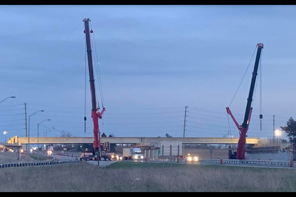 Several girders have already been put in place as part of the Harvie Road-Big Bay Point Road bridge project over Highway 400 in Barrie. Raymond Bowe/BarrieToday