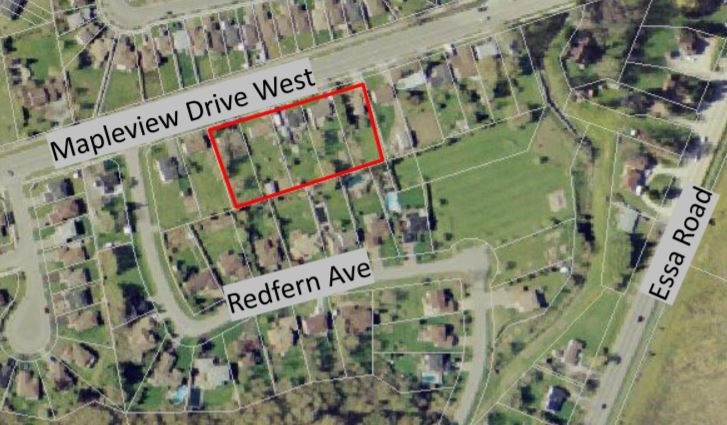 This aerial image shows the land slated for development at Mapleview Drive West and Redfern Avenue in Barrie's south end. 