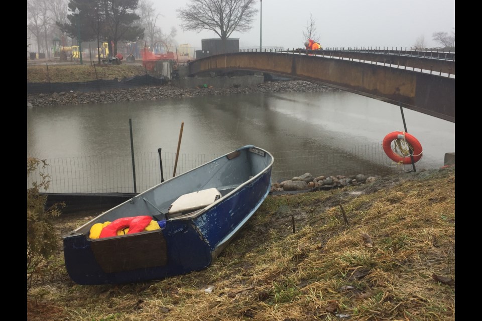 Crews worked in the pouring rain Tuesday to install the steel beams for the new pedestrian bridge over Hotchkiss Creek at the waterfront.
Sue Sgambati/BarrieToday