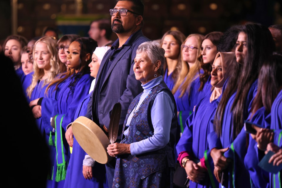 New graduates and dignitaries listen to a speaker at a Georgian College convocation ceremony held Monday morning at Sadlon Arena in Barrie. 