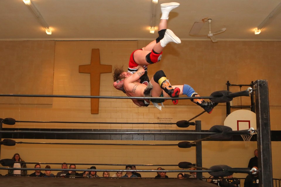 Carter Mason executes a classic suplex from the top rope as he battles Josh Alexander during the Barrie Wrestling event held at the Ferris Lane Community Church on Saturday, April 7, 2018. Kevin Lamb for BarrieToday.