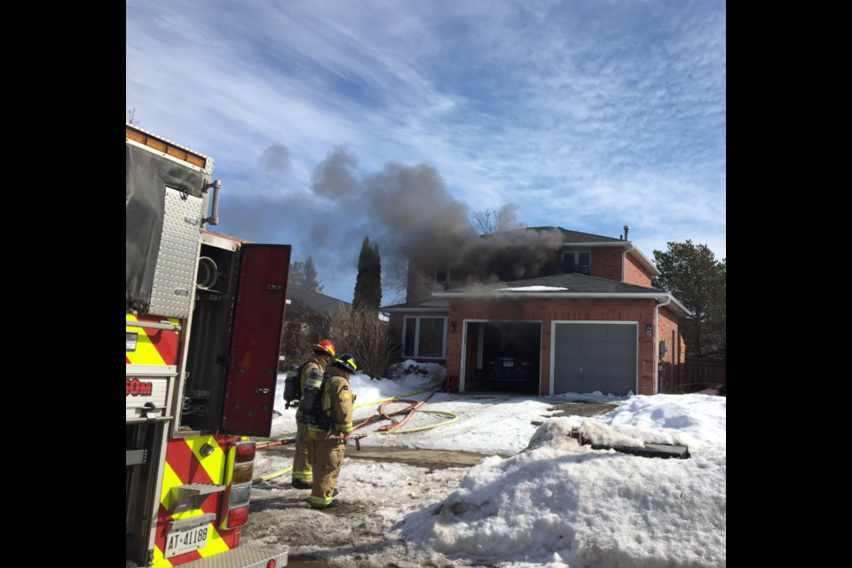 Barrie firefighters were on the scene of a house fire Thursday afternoon on Cardinal Street in the city's north end, near St. Vincent Street and Cundles Road East. Photo courtesy of Barrie Fire and Emergency Services