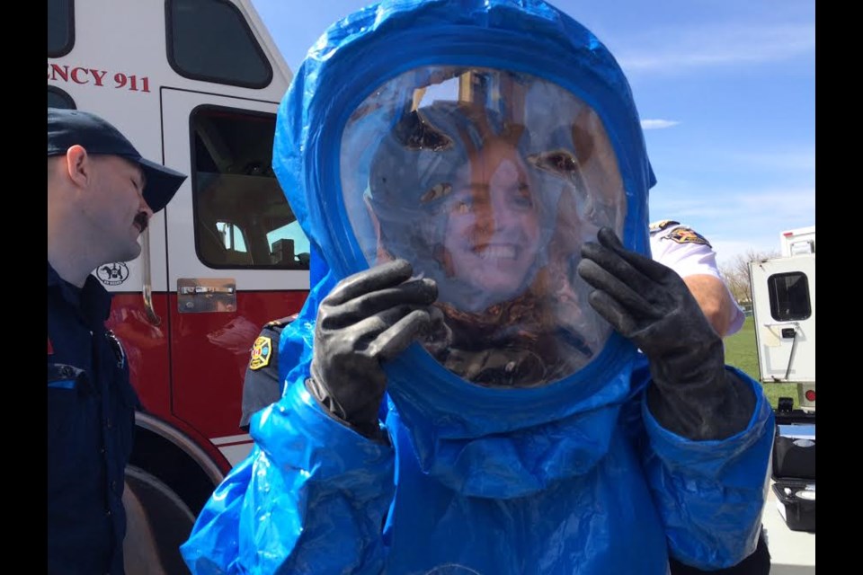 Student volunteer Kristen put on a Hazmat suit as part of the Barrie Fire and Emergency Service demonstration at Eastview Secondary.
Sue Sgambati/BarrieToday