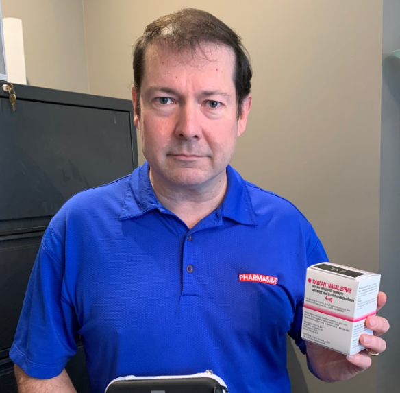 Kevin MacCarthy shows the naloxone kits available at the Pharmasave Royal Medical pharmacy for anyone who needs one. Photo supplied