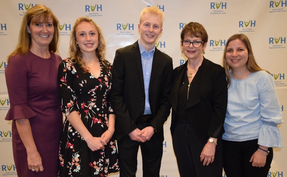 RVH awarded three students the MY CARE Student Award of Excellence, the highest student award at the health centre, and 12 students with Outstanding Service Awards for their exceptional volunteering efforts. Val Smith (left), Chief Strategy Officer, RVH, and Janice Skot, (right) RVH president and CEO, were on hand to present the prestigious MY CARE award to winners Natalee Schors, from Elmvale District High School, in the co-operative education category; Gavin Hughes, Eastview Secondary School, in the high school volunteer category; and Nicole Barcicki, from Lakehead University, in the post-secondary category. Supplied photo