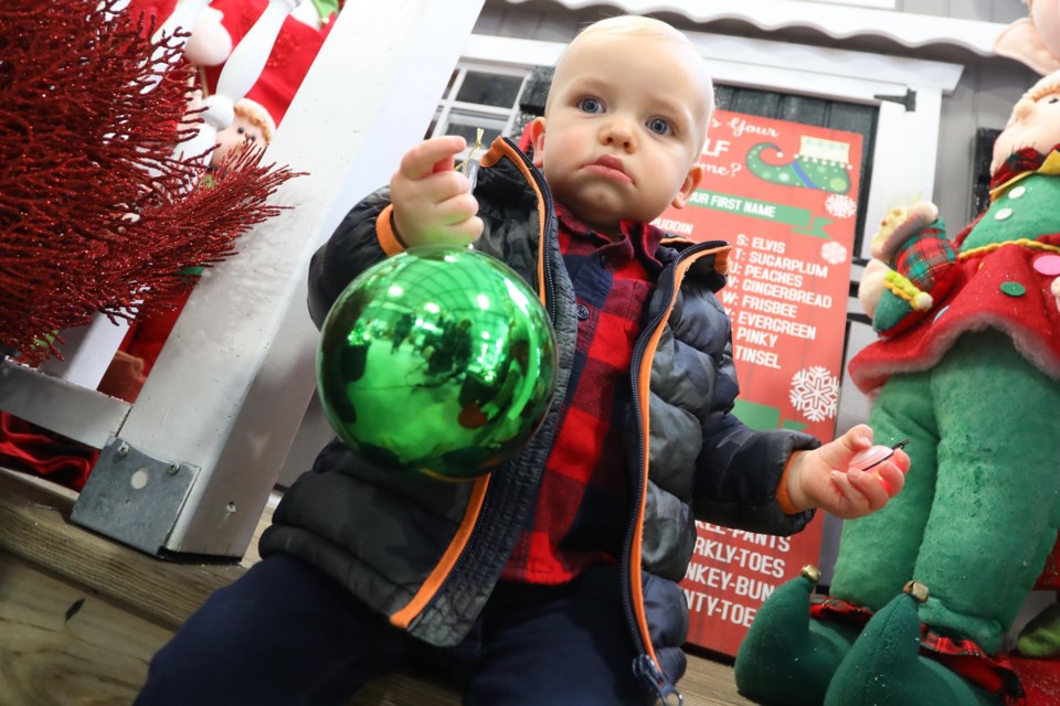 One-year-old Jack Porter of Shanty Bay tries to figure out which Christmas tree ball to take home while at Bradford Greenhouses Garden Gallery in Barrie on Sunday. Kevin Lamb for BarrieToday