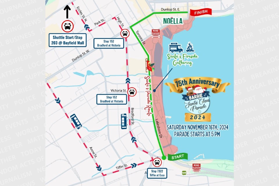 This map, provided by the Barrie Chamber of Commerce, shows the route for the city's Santa Claus Parade on Saturday, Nov. 16. It starts at 5 p.m.