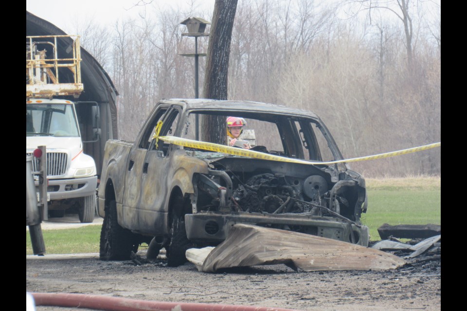 This vehicle was located next to the garage, where there appeared to be extensive damage from Sunday's Line 3 fire, Sunday, April 26, 2020. Shawn Gibson/BarrieToday                   
