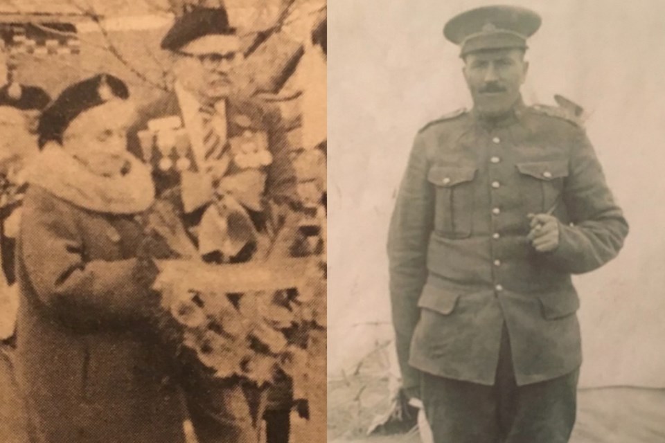 At left, Elizabeth Clement-MacDonald lays a wreath in memory of her husband, Pte. Edward John Clement, who was killed in the First World War.