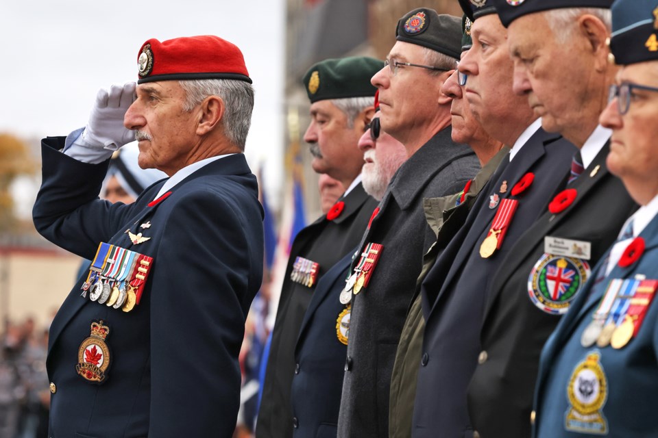 Military veterans during the Remembrance Day ceremony held in Barrie on Monday morning.