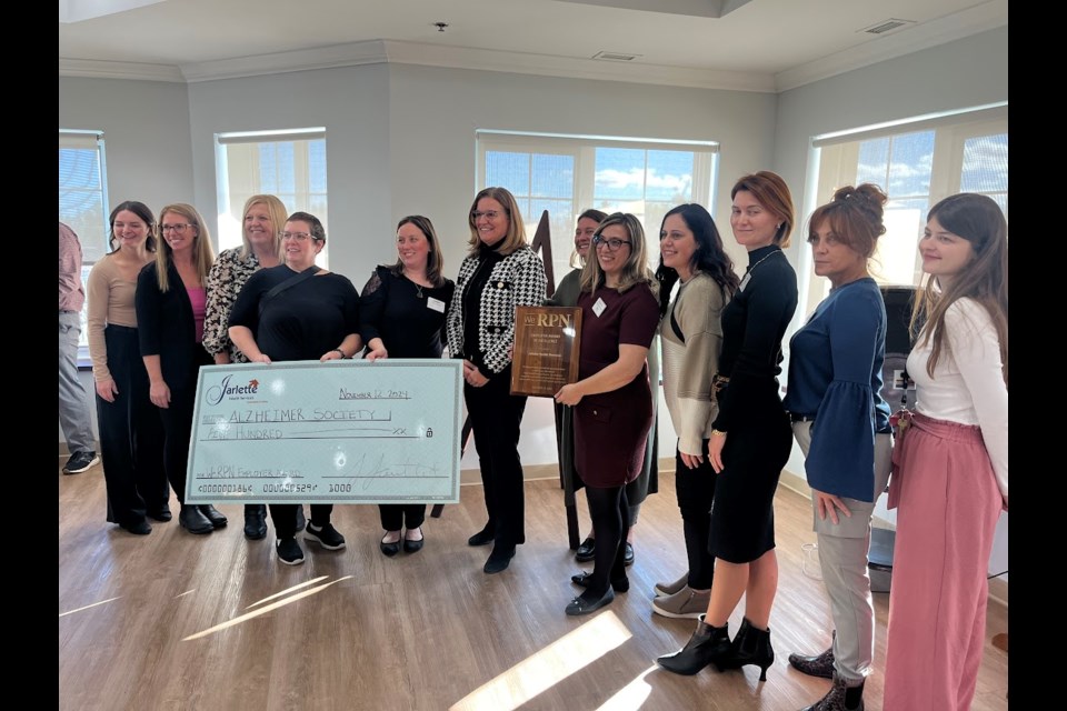 Jarlette Health Services received the Employer Award in Excellence from WeRPN during a ceremony at Roberta Place in Barrie on Tuesday. From left: registered practical nurse (RPN) Holly Laver, Renee Pauze (RPN), Julie Wallace, Jennifer Naylor, Janine Rose (RPN), Dianne Martin (CEO of WeRPN), Ann-Marie Kungl (CEO of the Alzheimer Society of Simcoe County), Josephine Wilson (RPN), Charlena Fiorini (RPN), Olga Famina (RPN), Carollynn Dunlop (RPN) and Dylann Murphy-Peters (RPN).