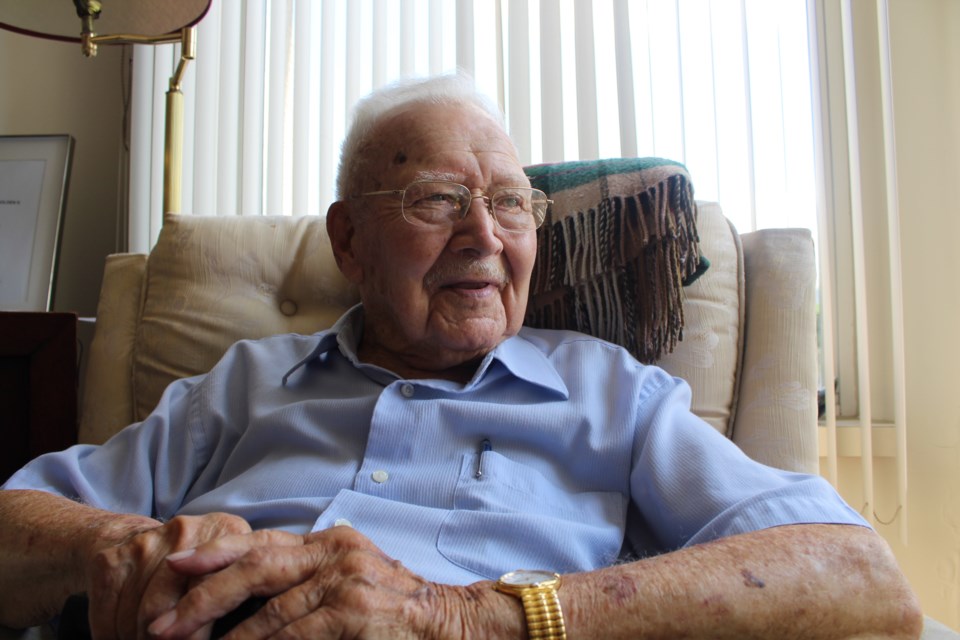 Bill Friend speaks to a BarrieToday reporter at the IOOF seniors complex on Brooks Street, Wednesday. One of the founding members of the Community Food Foundation, precursor to the Barrie Food Bank, Friend celebrates his 100th birthday on Thursday. Raymond Bowe/BarrieToday