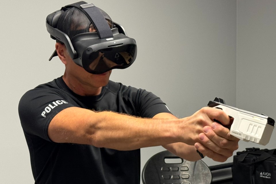 Barrie police Const. Mark Rybicki shows how officers can use virtual reality to train, including how to use conductive energy weapons (CEWs), commonly referred to as Tasers. 