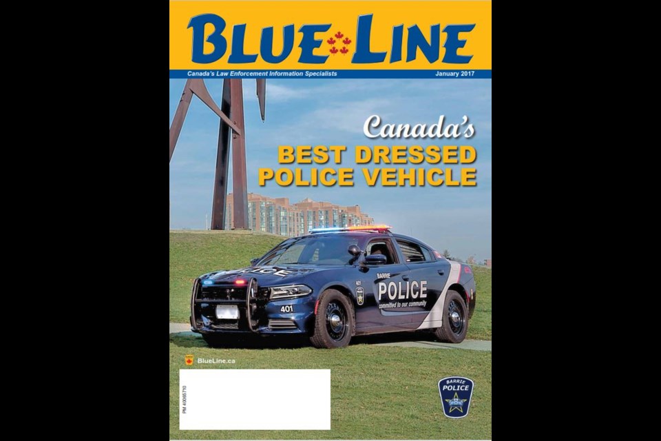 The January 2017 cover of Blue Line Magazine features the Barrie Police blue cruiser. Photo Blue Line Magazine Twitter