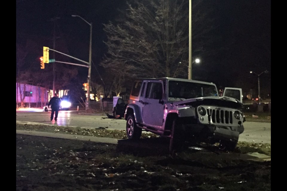 A Jeep wound up on the sidewalk after a three-vehicle crash Sunday at Anne and Cundles.
Sue Sgambati/BarrieToday 