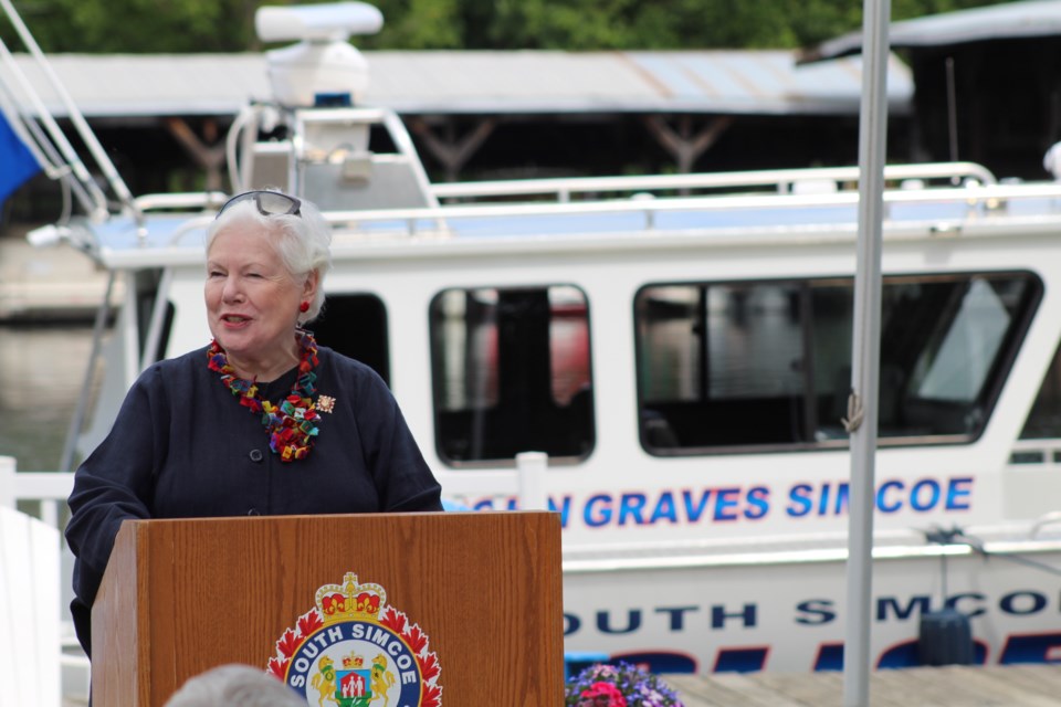 Lt.-Gov. Elizabeth Dowdeswell speaks during Friday's christening ceremony in Lefroy for the Simcoe Simcoe police department's new boat, the John Graves Simcoe. Raymond Bowe/BarrieToday