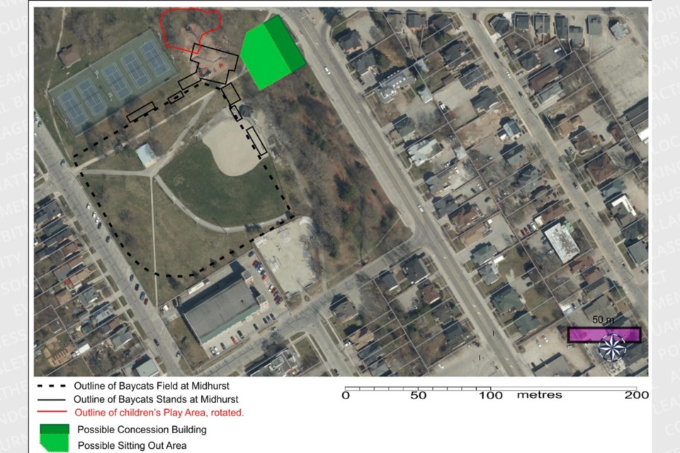 This diagram shows how a baseball facility could be configured within Queen's Park in downtown Barrie. 