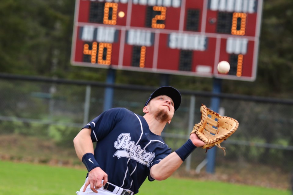 First baseman Jordan Castaldo reels in a foul ball for the out for the Barrie Baycats in their home opener at Coates Stadium on Sunday, May 6, 2018 against the Kitchener Panthers. The Baycats won 3-1. The Intercounty Baseball League is also celebrating its 100th season this year. Kevin Lamb for BarrieToday