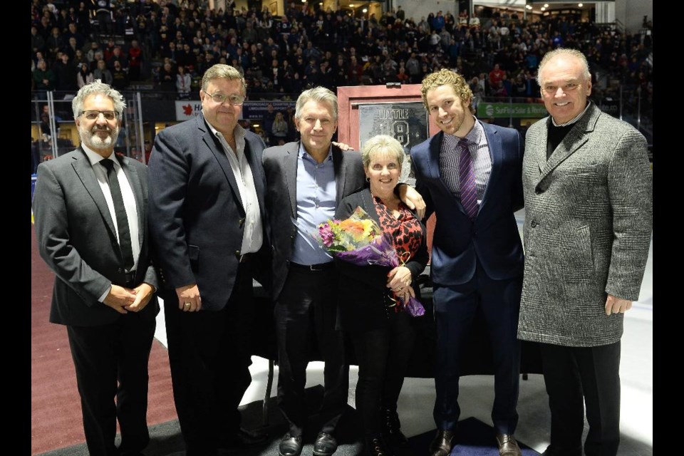 Former Barrie Colts captain Bryan Little had his jersey number retired on Saturday, Jan. 25, 2020. From left are Barrie Colts co-owner Jim Payetta, owner and president Howie Campbell, Brenda Little, John Little, Bryan Little and former owner Jamie Massie. Terry Wilson/OHL Images.