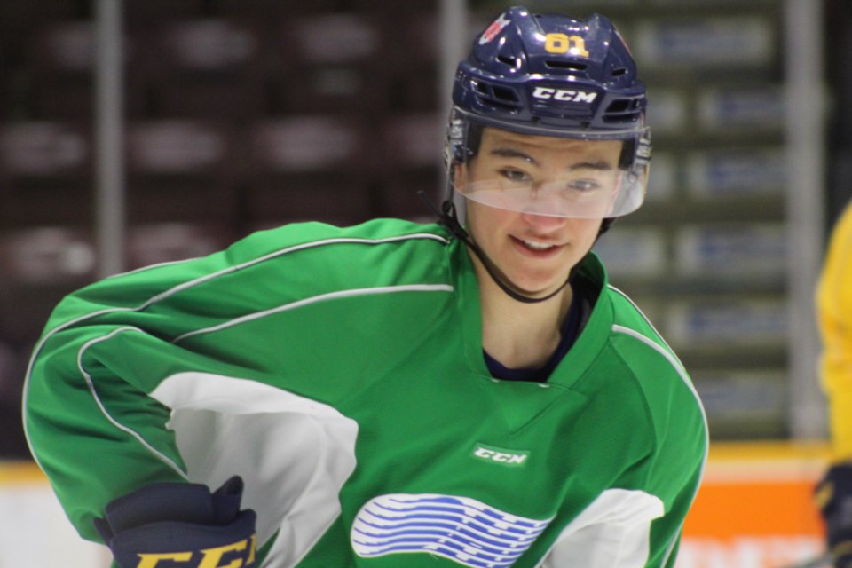 Barrie Colts rookie Ryan Suzuki waits for a pass during practice at the Barrie Molson Centre on Tuesday, April 3, 2018. Raymond Bowe/BarrieToday