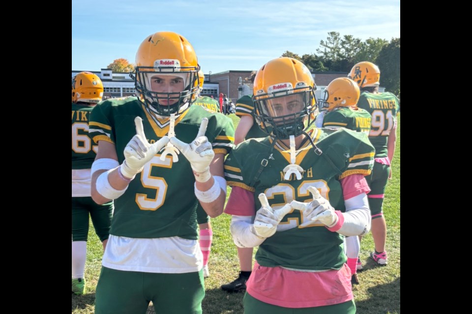 Barrie North's Cullen Falldien (left) and Christian Giguere combined for three of the Vikings' five touchdowns on Thursday against the Innisdale Invaders in senior football action.