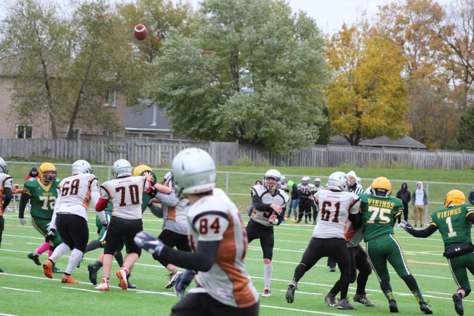 The Barrie North Vikings senior football team hosted the Orillia Nighthawks in Simcoe County Athletic Association (SCAA) action in Barrie on Wednesday to wind down the regular-season schedule. The Vikings won, 55-0, to improve to 6-0 on the season. Raymond Bowe/BarrieToday