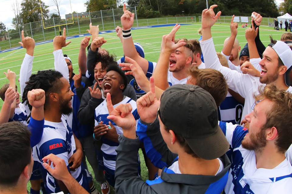 The Georgian Grizzlies celebrate a convincing win over Mohawk College for their first home game of the season in Barrie on Saturday, September 29, 2019. The Grizzlies demolished the Mountaineers 114-10. Kevin Lamb for BarrieToday.