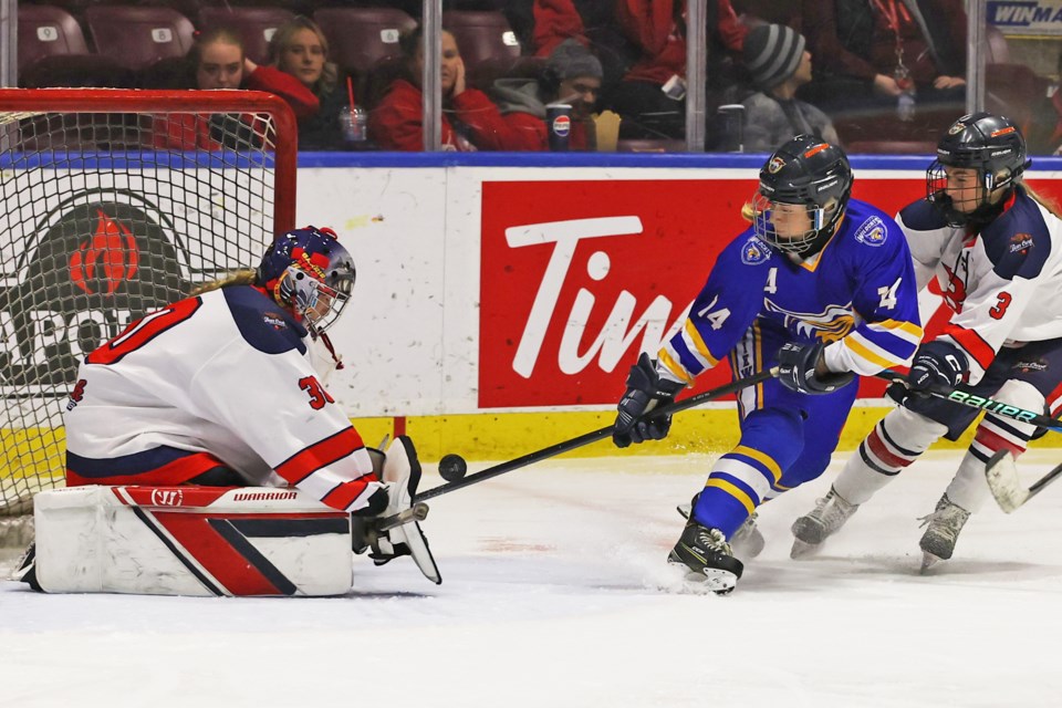 An Eastview player gets a chance to score against Bear Creek during the 9th annual Kempenfelt Cup charity high school hockey tournament held at Sadlon Arena in Barrie on Wednesday., Dec. 18, 2024.