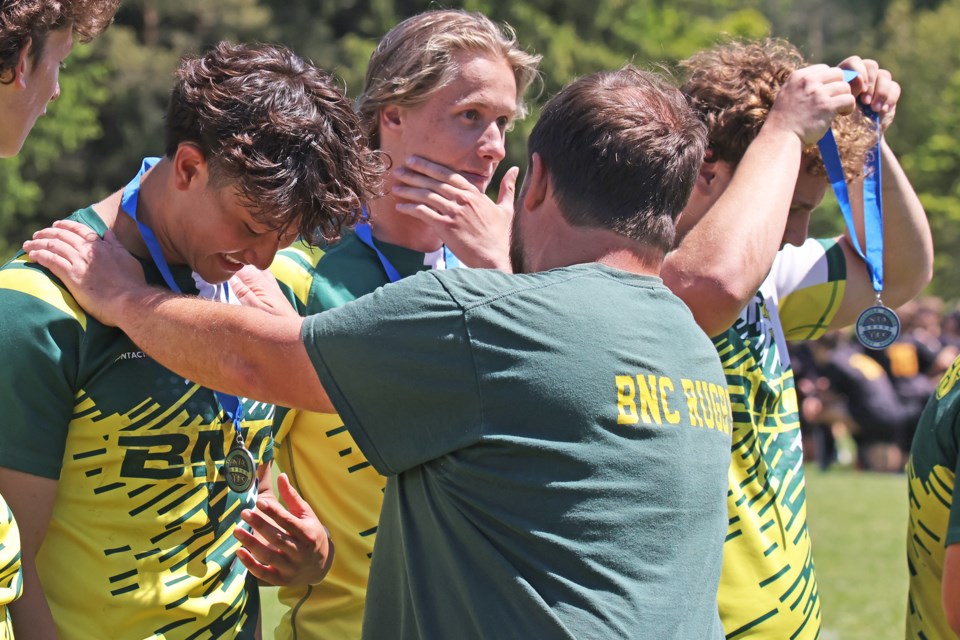 The Barrie North Vikings senior boys rugby team celebrates its Georgian Bay Secondary School Association (GBSSA) championship following a 27-10 win over the Collingwood Fighting Owls on Thursday, May 30 at the Barrie Community Sports Complex.