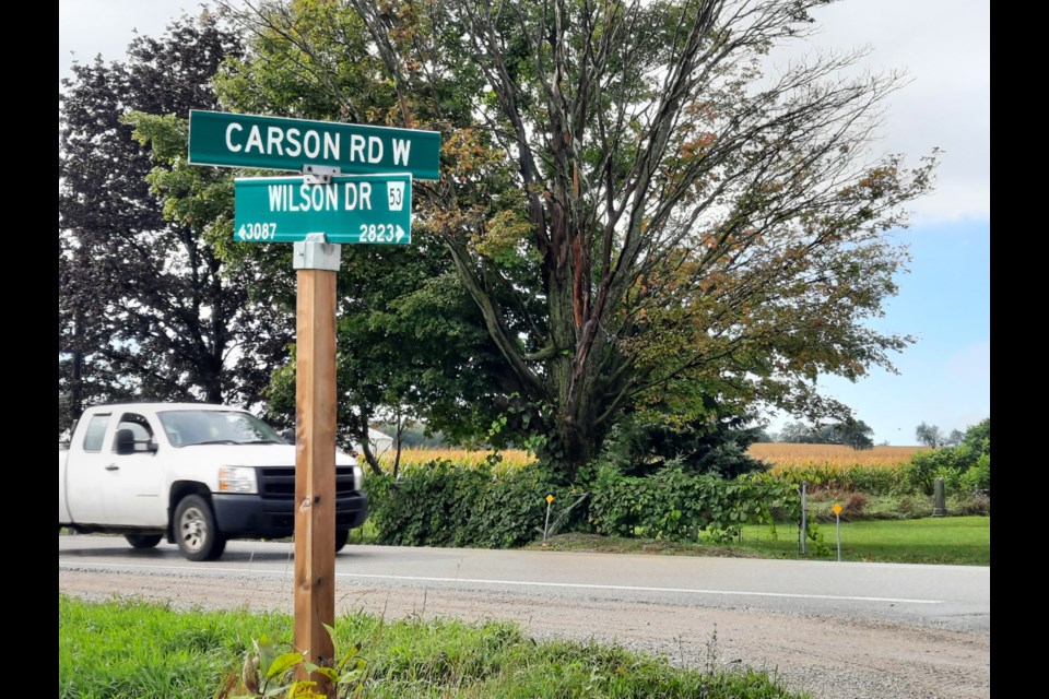 The intersection of Carson Road and Wilson Drive in Springwater Township.